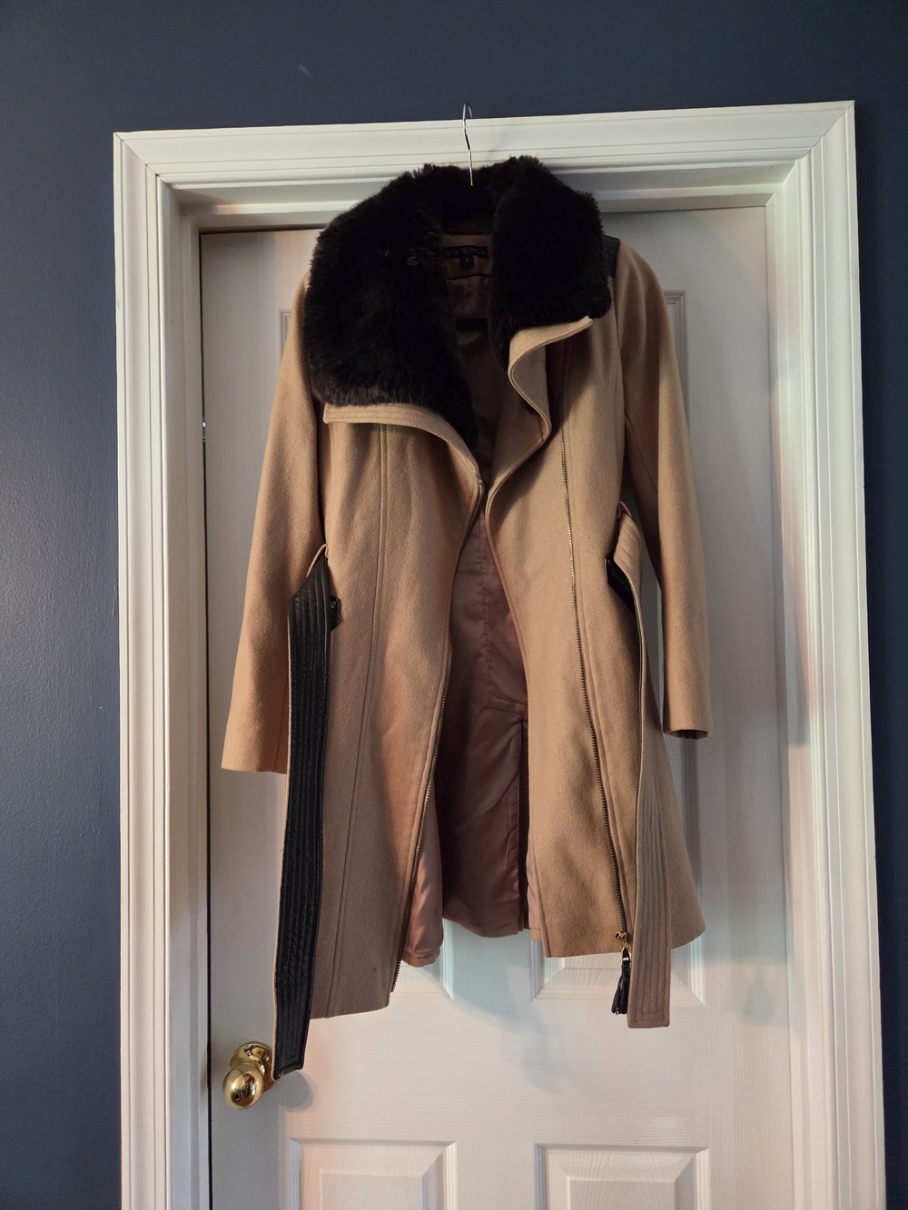 Via Spiga Camel Trench Coat with Dark Faux Fur Collar